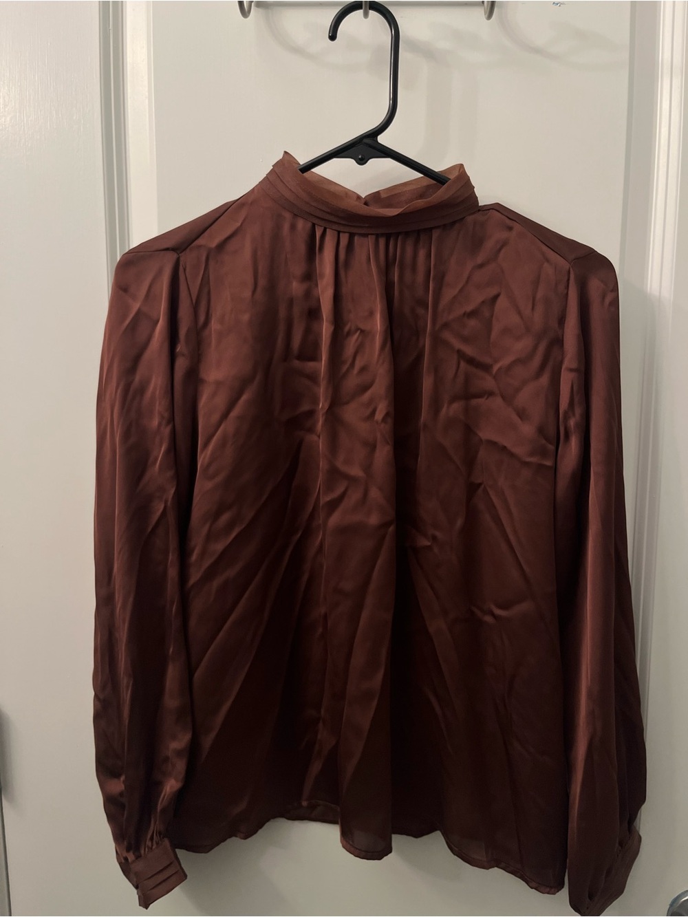 Zara Chocolate Brown Satin Mock-Neck Blouse